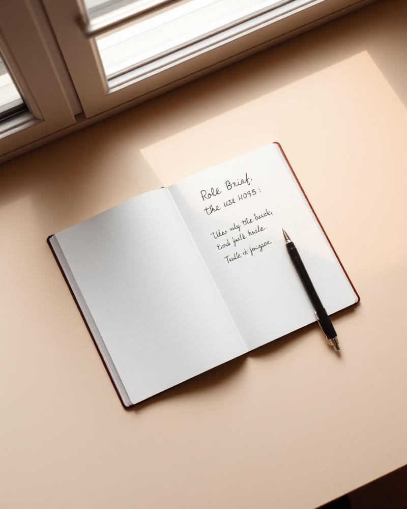 Open notebook with a handwritten role brief