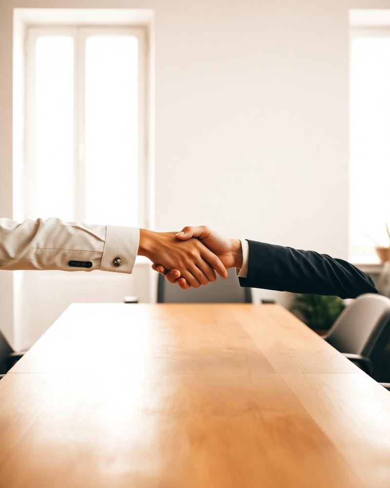 Two professionals shaking hands across a table