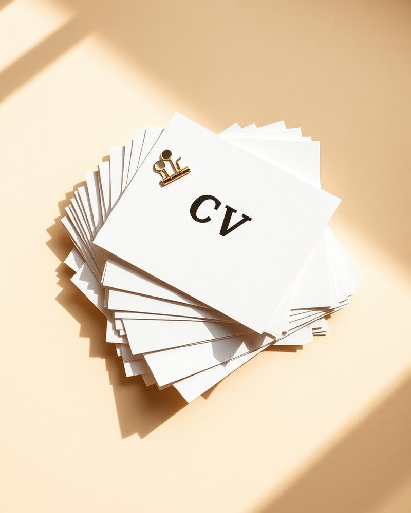 A small stack of CV documents with a brass clip