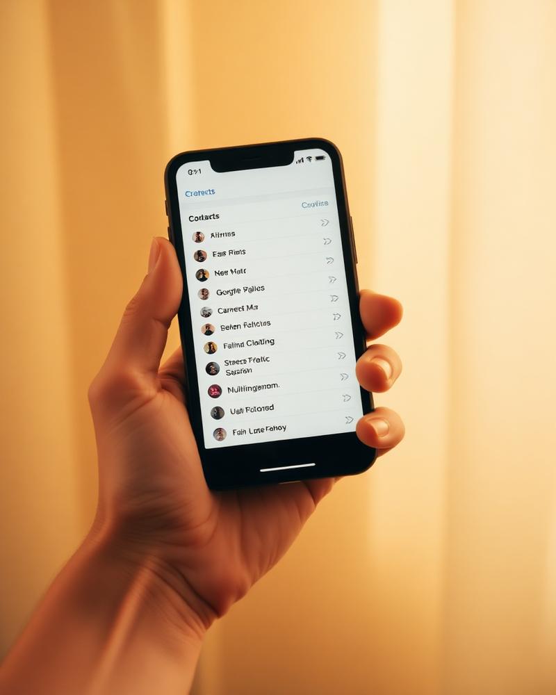 Hand holding a phone with a private contacts list